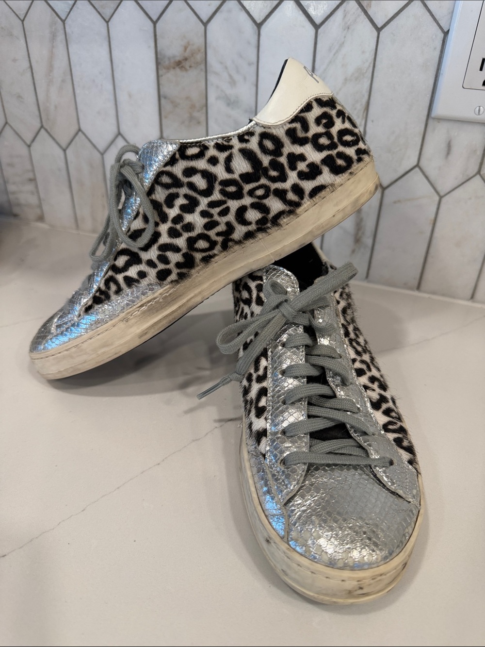 P448 JOHN Leopard and Silver Distressed Sneaker size 39